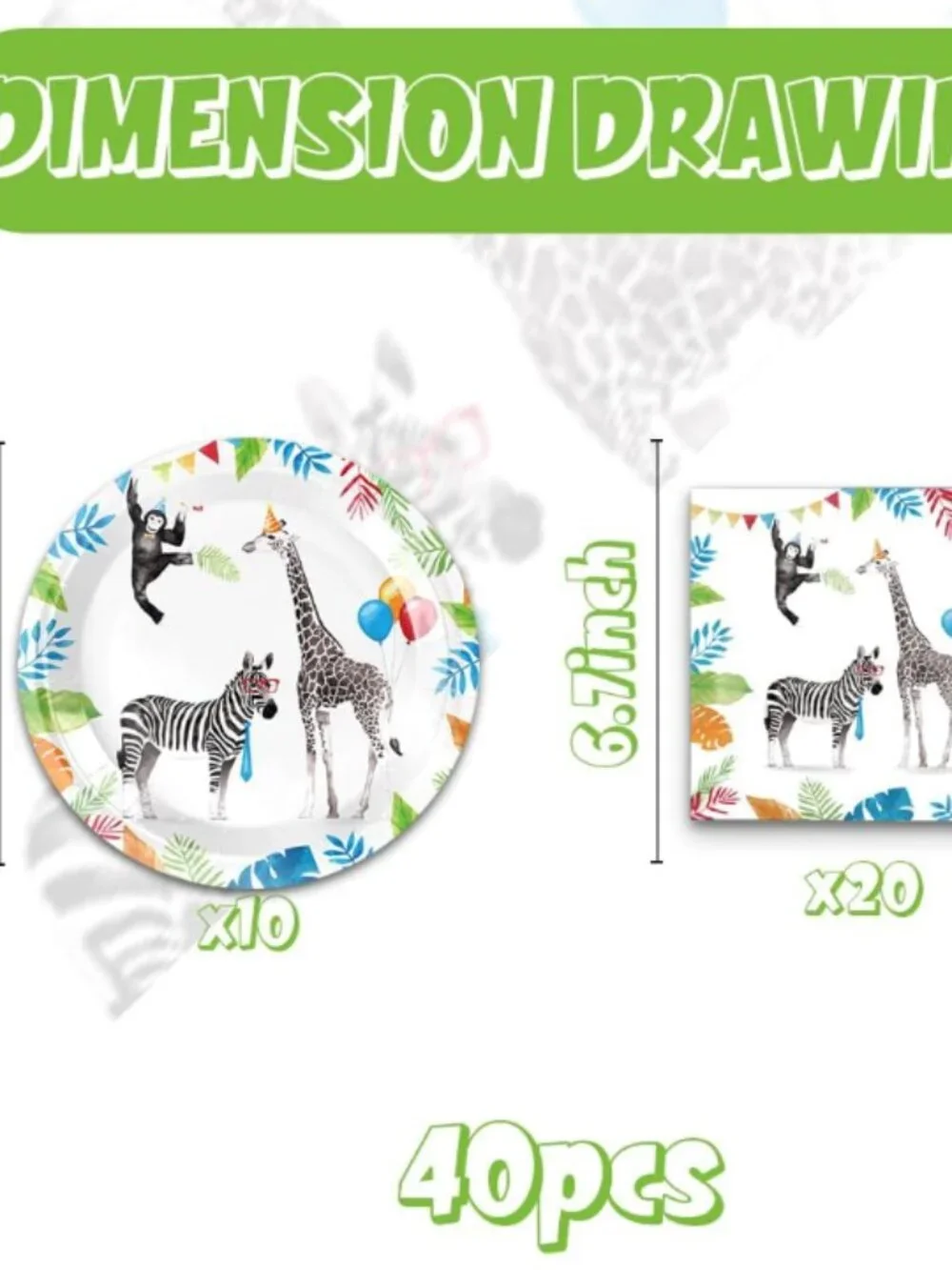 40Pcs Animals Birthday Party 7-inch Dessert Plates & Napkins for 20 Guests
